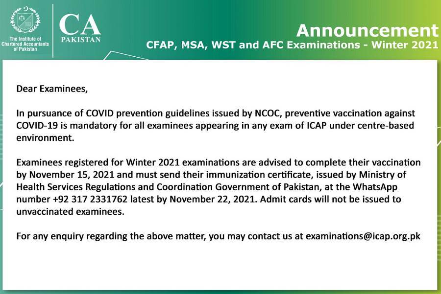 ICAP COVID Notice For Exam